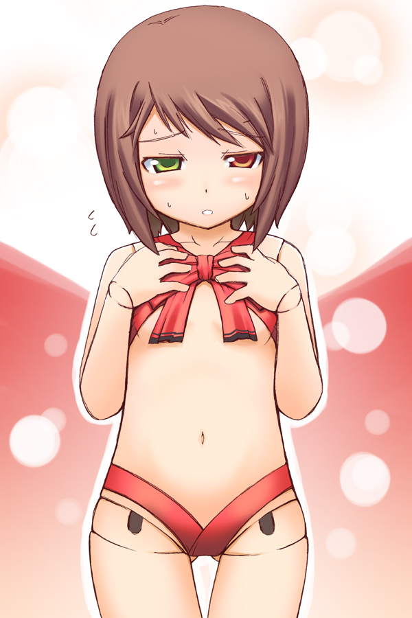 jingai modoki, masaki, souseiseki, rozen maiden, 00s, 1girl, blush, brown hair, doll, doll joints, female focus, flat chest, heterochromia, joints, midriff, naked ribbon, navel, ribbon, solo, standing