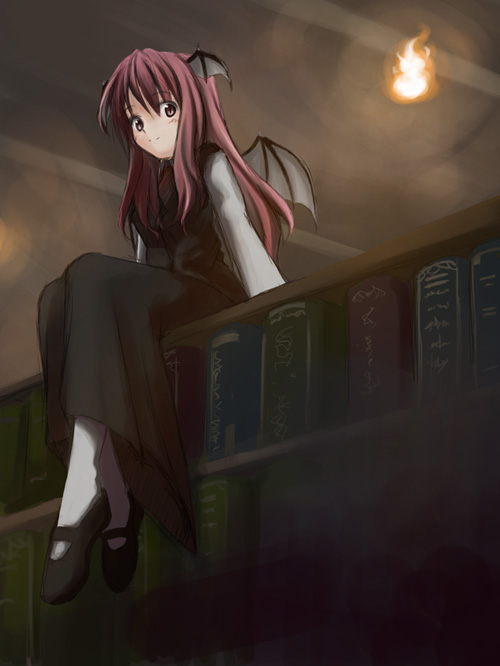 hirono, koakuma, embodiment of scarlet devil, touhou, wisp, 1girl, book, bookshelf, female focus, head wings, library, sitting, sitting on object, smile, solo, voile, wings