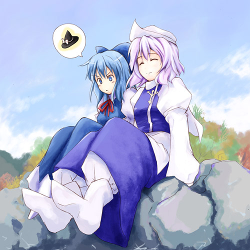 hirono, cirno, letty whiterock, touhou, light purple hair, lowres, >:<, 2girls, :<, ^ ^, blue bow, blue dress, blue eyes, blue hair, blue skirt, bow, closed eyes, closed mouth, cloud, day, dress, female focus, hair bow, hat, hat ribbon, juliet sleeves, long sleeves, multiple girls, nature, neck ribbon, on rock, pants, pants under skirt, puffy pants, puffy sleeves, red ribbon, ribbon, rock, short hair, sitting, skirt, sky, smile, spoken object, v-shaped eyebrows, white hat, white pants, witch hat