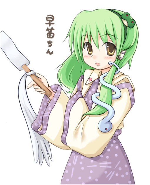 kochiya sanae, touhou, 1girl, blush, character name, detached sleeves, female focus, frog, gohei, green hair, hair ornament, hair tubes, long hair, oonusa, open mouth, smile, snake, solo