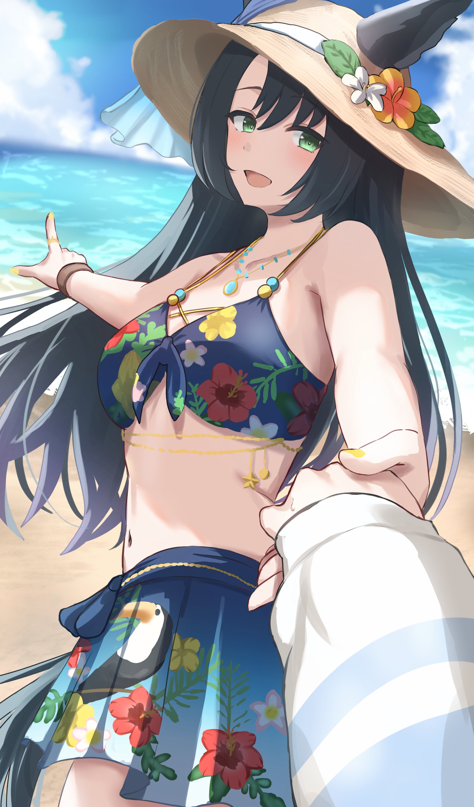 naname (nanameee 04), satono crown (sunny island splendor) (umamusume), satono crown (umamusume), umamusume, absurdres, highres, 1girl, animal ears, bikini, blue bikini, blue sarong, ears through headwear, floral print bikini, floral print sarong, horse ears, horse girl, official alternate costume, open mouth, pov, pov hands, sarong, smile, swimsuit, yellow nails