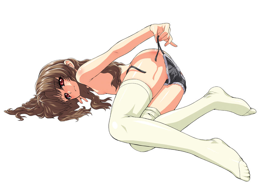 kouda tomohiro, morino ichigo, onegai teacher, onegai twins, topless, breasts, brown hair, loli, long hair, panties, red eyes, side-tie panties, sideboob, thighhighs, underwear, undressing