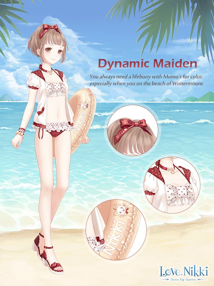 momo (nikki), miracle nikki, nikki (series), artist request, official art, 1girl, bare legs, beach, bikini, blue sky, bow, bow choker, bracelet, brown eyes, brown hair, character name, character print, choker, close-up, closed mouth, clothes writing, cloud, copyright name, day, dynamic maiden (miracle nikki), english text, eyelashes, frilled bikini, frills, full body, hair bow, happy, heart, heart o-ring, high heel sandals, high ponytail, holding, holding swim ring, hood, hood down, hooded jacket, innertube, jacket, jewelry, knees, light blush, logo, looking at viewer, mismatched bikini, multiple bracelets, navel, o-ring, o-ring choker, ocean, outdoors, palm leaf, polka dot, polka dot bikini, ponytail, puffy short sleeves, puffy sleeves, red bikini, red bow, red choker, red hood, red sandals, sandals, shore, short hair, short ponytail, short sleeves, sky, smile, solo, standing, stomach, summer, swim ring, swimsuit, toes, two-tone sandals, white bikini, white jacket, white sandals, wrist bow, yellow bow, yellow innertube