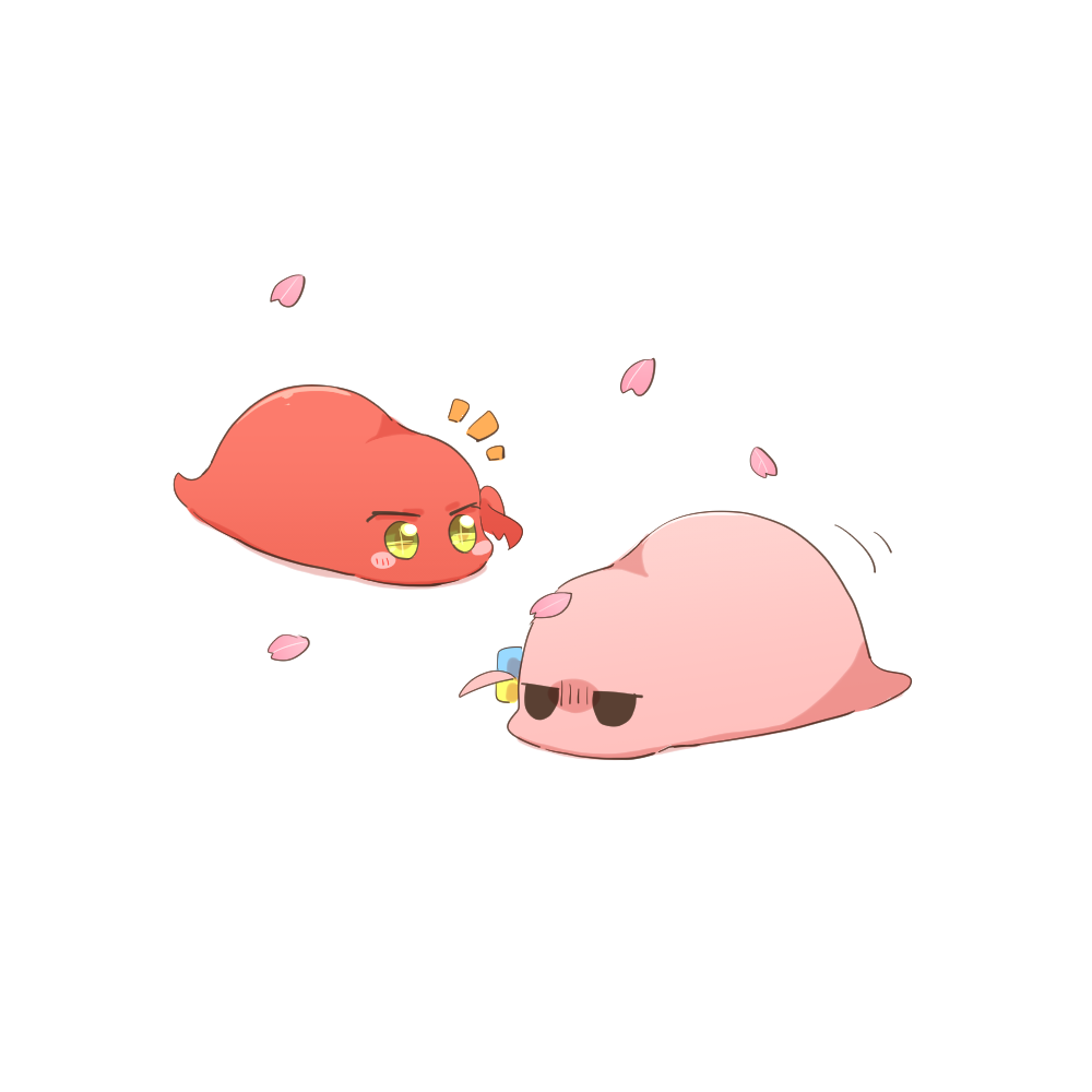 rebecca (keinelove), gotoh hitori, gotoh hitori (tsuchinoko), kita ikuyo, bocchi the rock!, commentary request, blush stickers, cube hair ornament, falling petals, hair ornament, jitome, no humans, notice lines, petals, simple background, white background, yellow eyes