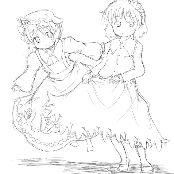 konata gazel, aki minoriko, aki shizuha, touhou, 2girls, barefoot, female focus, food, fruit, grapes, greyscale, hair ornament, hat, leaf, leaf on head, monochrome, multiple girls, siblings, sisters, sketch, skirt hold