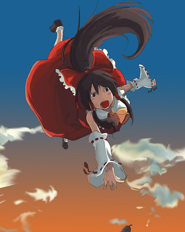 azamiya yuu, hakurei reimu, touhou, 1girl, female focus, flying, outdoors, sky, solo, surprised
