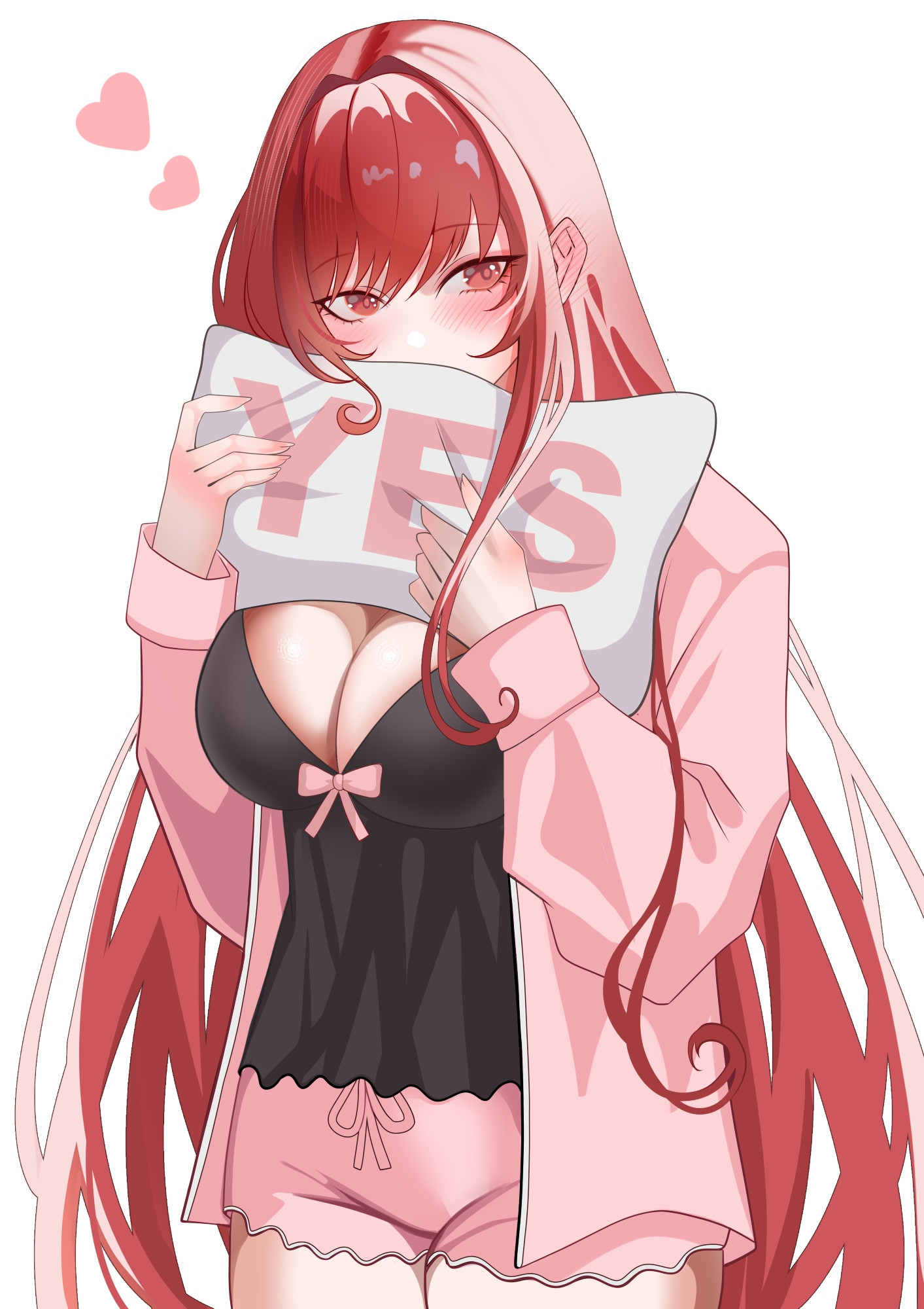 velmillix, rapi (nikke), rapi (red hood) (nikke), goddess of victory: nikke, highres, 1girl, long hair, official alternate design, official alternate hair color, open pajamas, pajamas, pink pajamas, red eyes, red hair, simple background, sleepwear, solo, white background, yes-no pillow