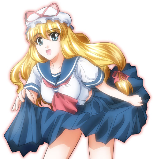 yamaguchi takashi, yamaguchi yuu, yakumo yukari, touhou, 1girl, alternate costume, blonde hair, blue eyes, blue skirt, female focus, hair ribbon, hat, hat ribbon, long hair, mob cap, open mouth, ribbon, school uniform, serafuku, skirt, skirt hold, smile, solo
