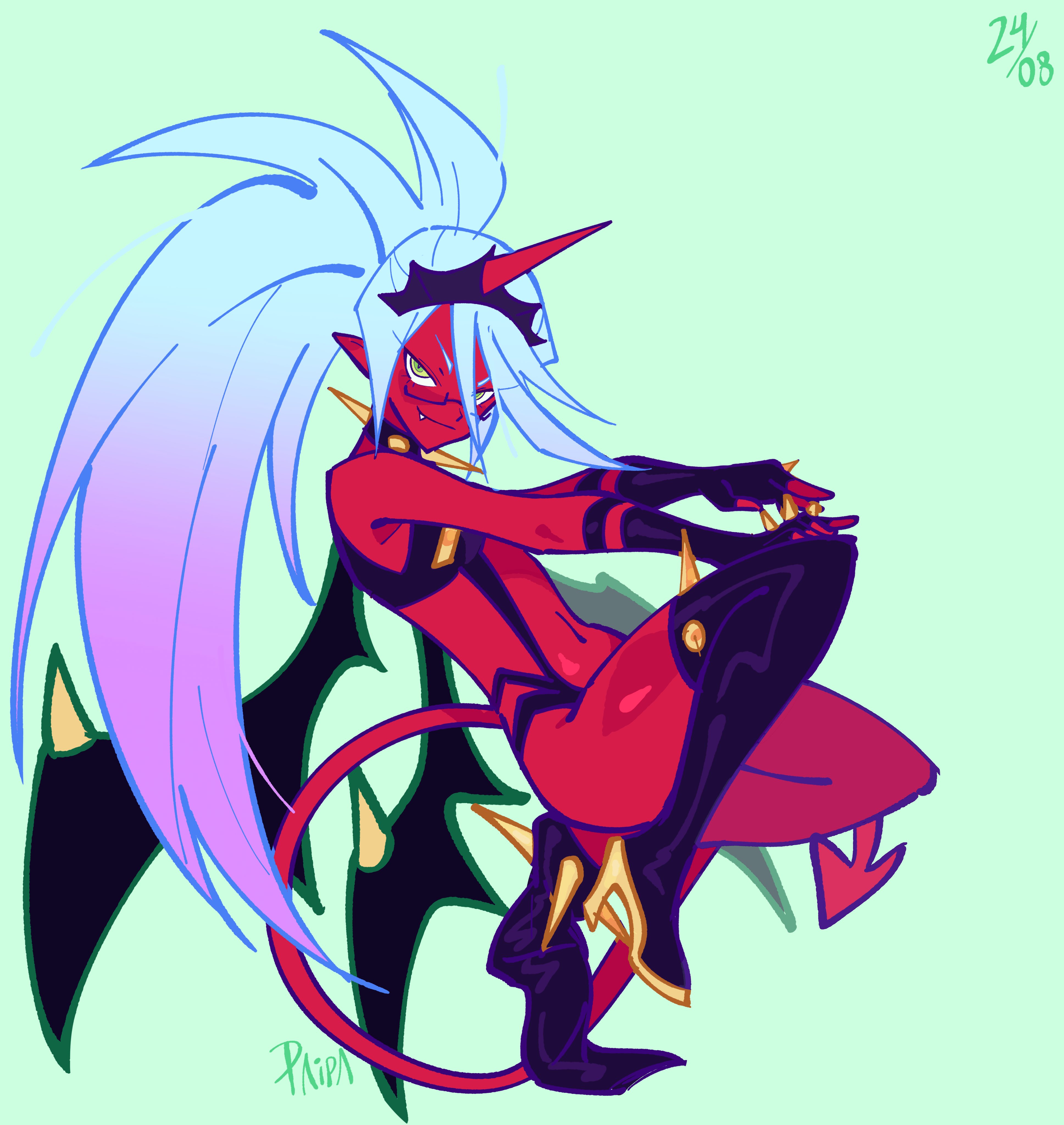 paippppp04, kneesocks (psg), panty & stocking with garterbelt, absurdres, highres, 1girl, blue hair, colored skin, demon girl, demon horns, fang, glasses, horns, long hair, pointy ears, ponytail, red skin, single horn, solo, thighhighs, wings