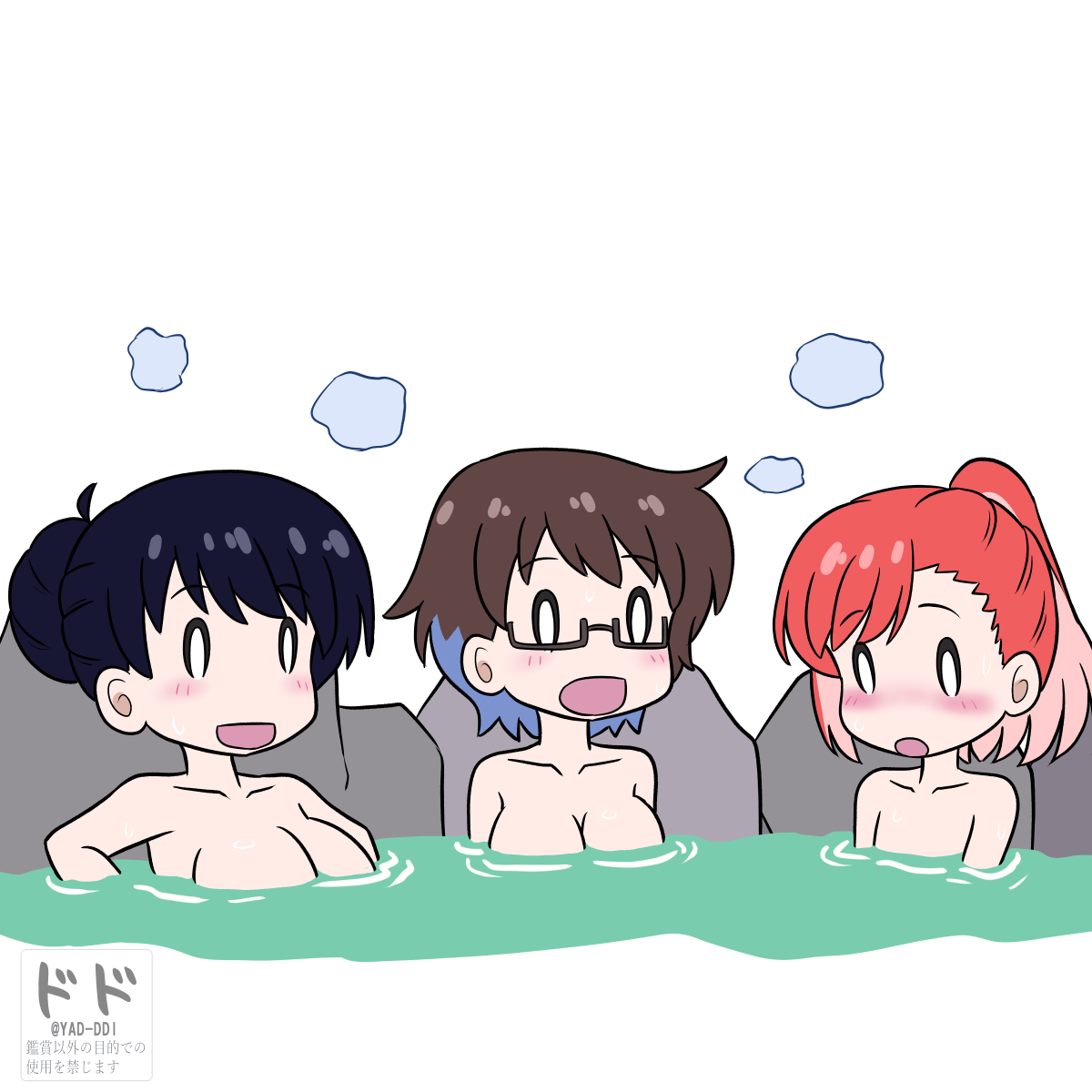 yad ddi, arato nagi, imari youko, seto shouko, ruri no houseki, 2020s, 2025, 3girls, artist logo, black hair, blue hair, blush, breasts, brown hair, chibi, chibi only, embarrassed, flat chest, fog, hair bun, happy, huge breasts, large breasts, logo, long hair, looking at own stomach, multicolored hair, multiple girls, onsen, open mouth, pink hair, ponytail, red hair, short hair, small breasts, water