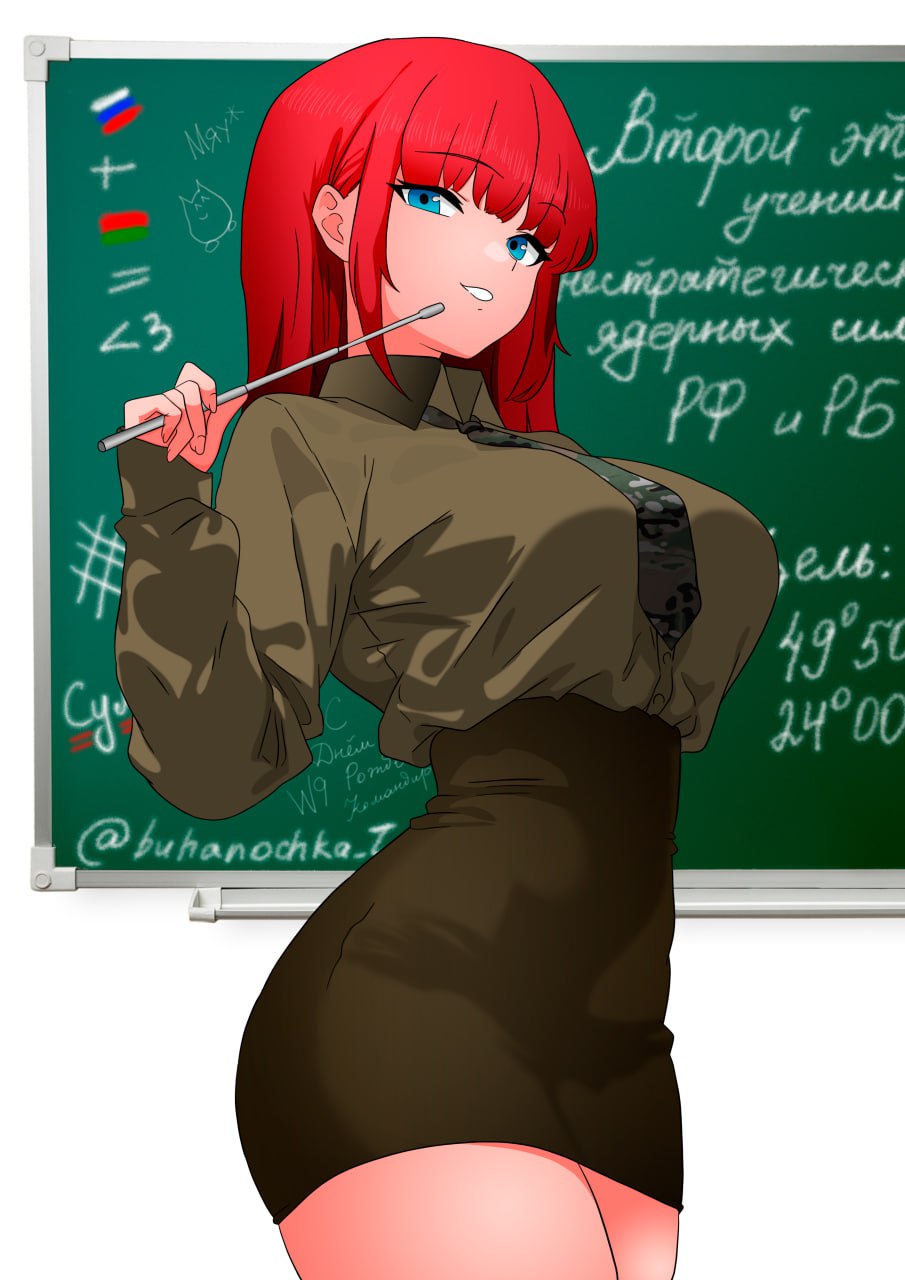 buhanochka z, buhanka-chan, original, highres, 1girl, belarus, belarusian flag, blue eyes, breasts, brown shirt, brown skirt, camouflage, camouflage necktie, camouflage neckwear, chalkboard, chalkboard writing, cyrillic, equal sign, equation, heart, large breasts, long hair, necktie, pencil skirt, plus sign, pointer, raised eyebrows, red hair, russia, russian flag, russian text, shirt, sidelocks, skirt, teacher, teeth, telegram id, thick thighs, thighs, tight clothes, tight skirt