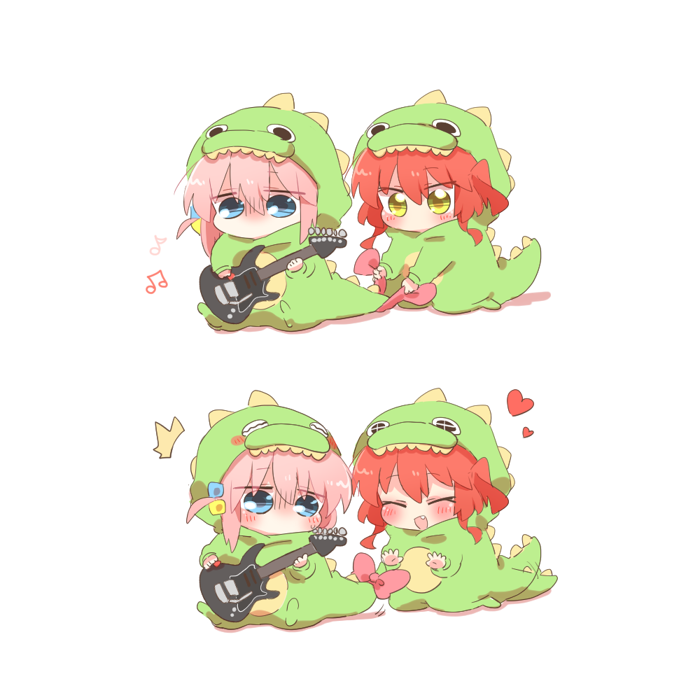 rebecca (keinelove), gotoh hitori, kita ikuyo, bocchi the rock!, commentary request, 2girls, blue eyes, blush, bow, chibi, chibi only, dinosaur costume, electric guitar, guitar, heart, holding, holding guitar, holding instrument, holding plectrum, hood, hood up, instrument, long sleeves, multiple girls, music, musical note, pink bow, pink hair, playing instrument, plectrum, red hair, simple background, sitting, tail, tail bow, tail ornament, tail wagging, white background, yellow eyes