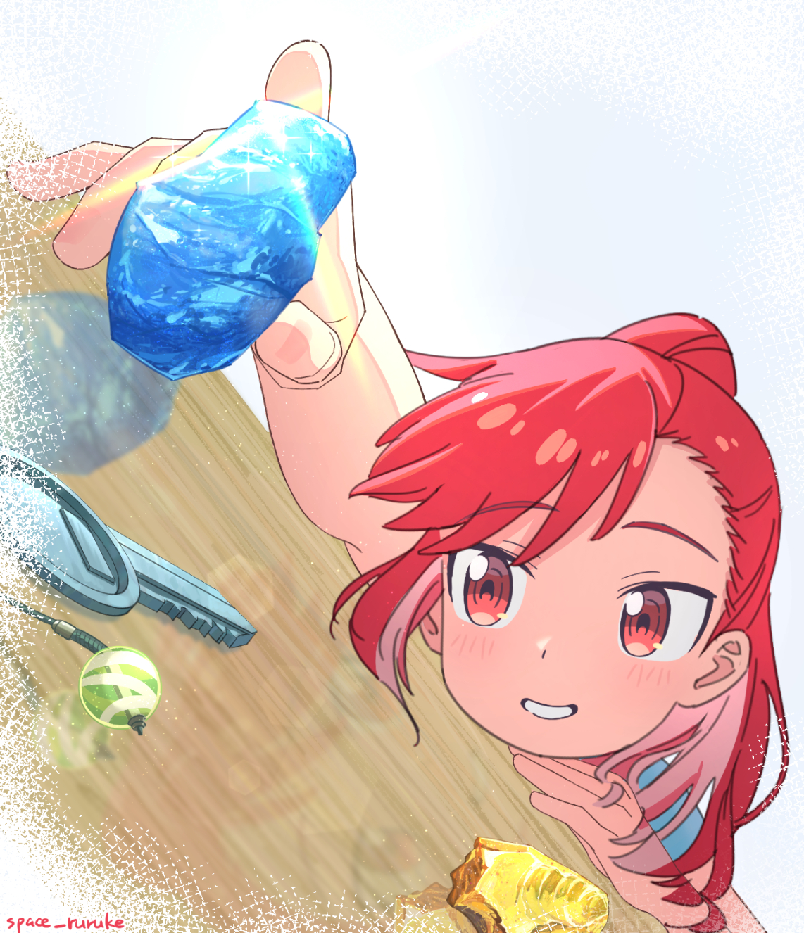 space ruruke, seto shouko, ruri no houseki, wood, 2020s, 2025, charm (object), crystal, desk, glass, gold, holding, holding crystal, holding glass, key, marble (stone), marble (toy), ponytail, red eyes, red hair, sea glass, smile, teeth, wooden desk