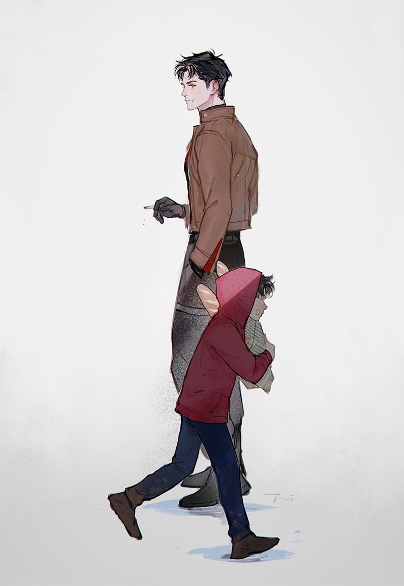 wonkrin, jason todd, red hood (dc), batman (series), dc comics, black bodysuit, black gloves, blue eyes, bodysuit, brown jacket, dual persona, gloves, grey bodysuit, hair between eyes, jacket, long sleeves, male focus, multicolored hair, multiple boys, muscular, muscular male, open clothes, pants, red hood and the outlaws, short hair, simple background, superhero costume, taut bodysuit, two-tone bodysuit, two-tone hair, white background