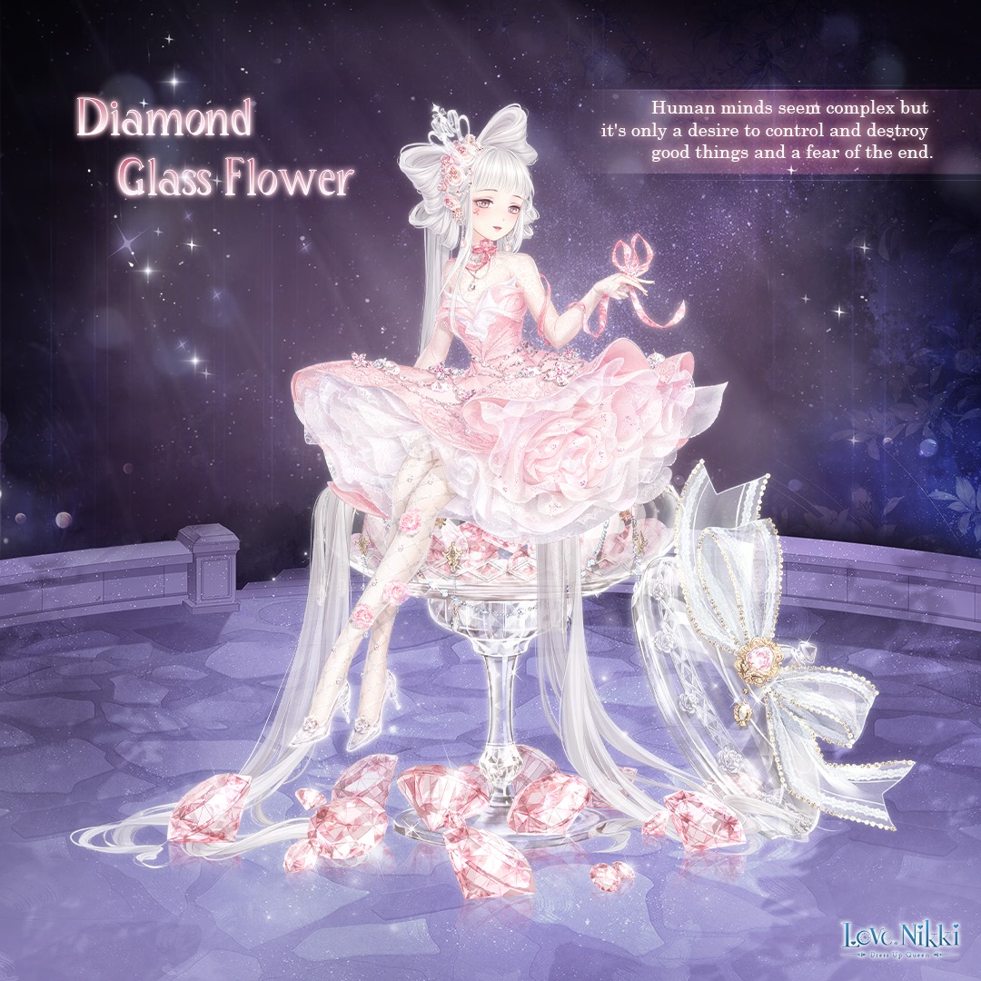 melody (red-lion), miracle nikki, nikki (series), artist request, official art, 1girl, absurdly long hair, arm ribbon, blunt bangs, bow, bow-shaped hair, bow choker, bowtie, character name, choker, closed mouth, copyright name, crossed legs, crown, cup, diamond (gemstone), diamond glass flower (miracle nikki), dress, drinking glass, english text, eyelashes, eyeshadow, facial tattoo, fishnet pantyhose, fishnets, flower, flower underskirt, frilled dress, frills, full body, gem, grey eyes, grey hair, hair flower, hair ornament, hair spread out, happy, heart, heart tattoo, high heels, jewelry, light blush, light rays, lipstick, logo, long hair, looking at hand, makeup, medium dress, mini crown, moonlight, necklace, night, night sky, outdoors, outstretched hand, pantyhose, petticoat, pink bow, pink bowtie, pink choker, pink dress, pink eyeshadow, pink flower, pink gemstone, pink ribbon, pink rose, ribbon, rose, shoes, short dress, sitting, sky, smile, solo, stage, star (sky), starry sky, stiletto heels, tattoo, twintails, very long hair, white crown, white pantyhose, white shoes, wine glass