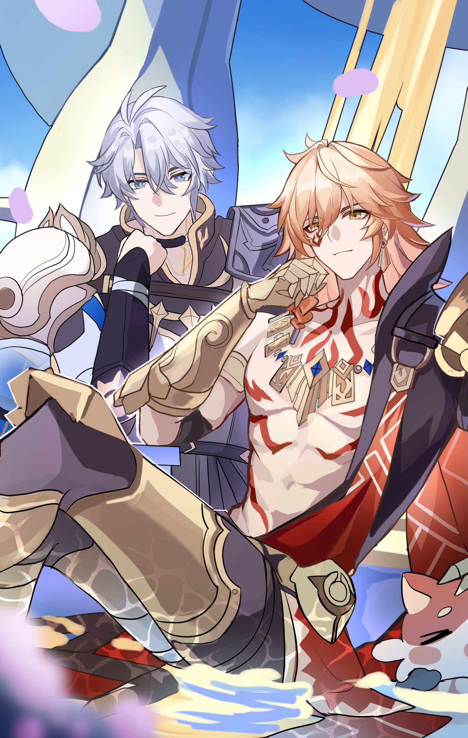 sishi jixiang, mydei (honkai: star rail), phainon (honkai: star rail), honkai: star rail, honkai (series), absurdres, highres, 2boys, antenna hair, arm tattoo, armlet, armor, armored boots, black choker, black coat, black pants, black shirt, blonde hair, blue eyes, blue sky, boots, braid, chest tattoo, chimera (honkai: star rail), choker, clawed gauntlets, coat, earrings, facial tattoo, gold earrings, gold necklace, gradient hair, hair between eyes, jewelry, male focus, medium hair, multicolored hair, multiple boys, mydei (fig stew) (honkai: star rail), necklace, open clothes, open coat, pants, parted bangs, pauldrons, red hair, red tattoo, shirt, short hair, shoulder armor, side braid, single pauldron, sky, tattoo, toned, toned male, white coat, white hair, yellow eyes