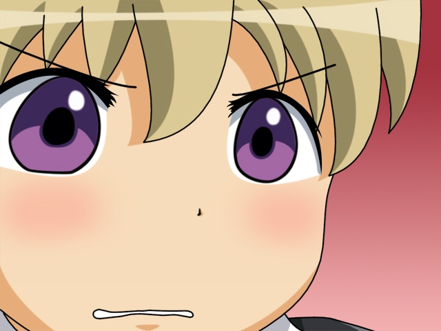 flandre (kaibutsu oujo), kaibutsu oujo, 1girl, android, blonde hair, female focus, gradient background, gununu (meme), maid, meme, parody, purple eyes, solo