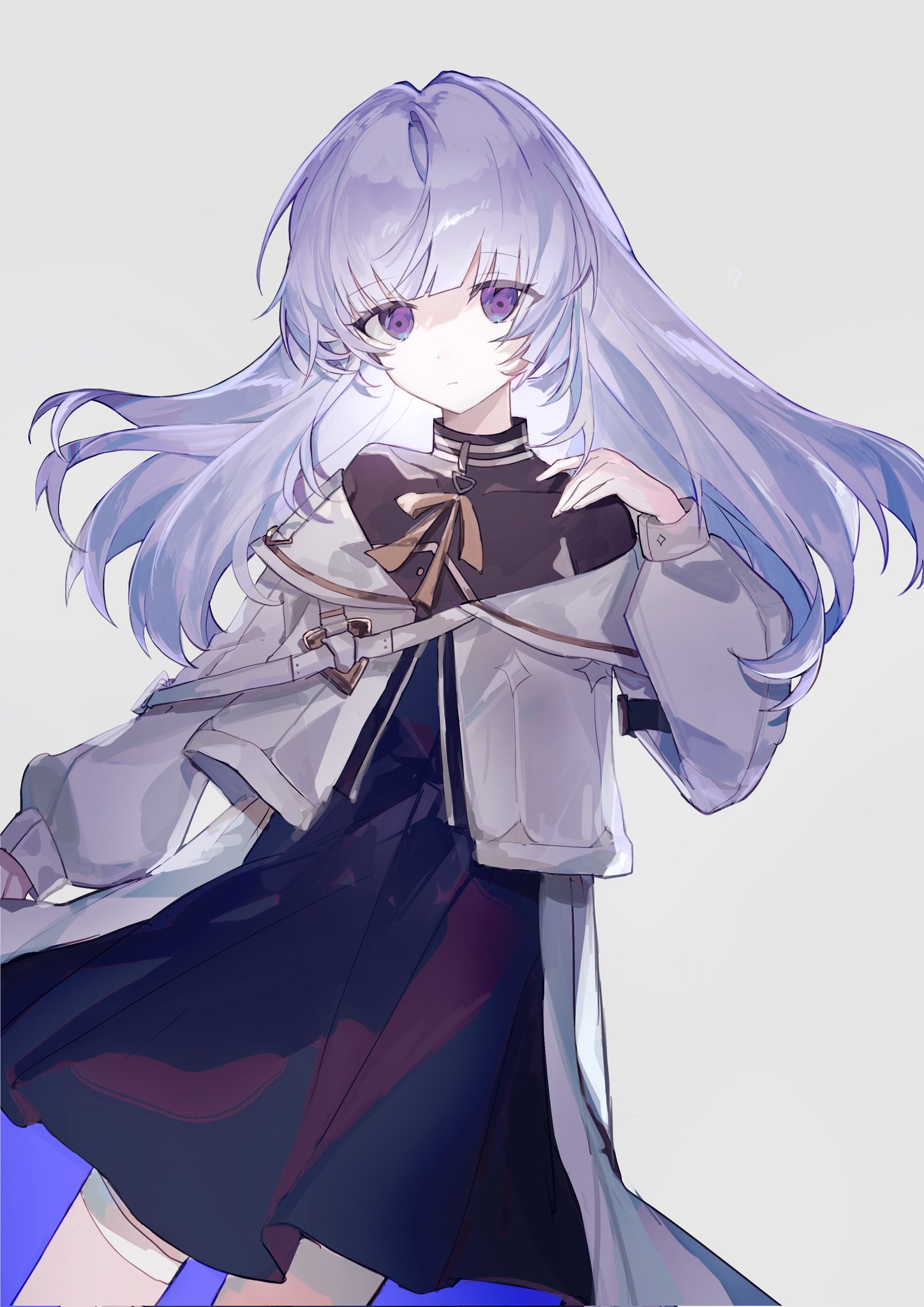 equal02, insight (designant) (arcaea), arcaea, highres, 1girl, black dress, black gloves, black pantyhose, bow, collared shirt, dress, dress shirt, earrings, gloves, hair between eyes, insight (arcaea), jacket, jewelry, long sleeves, off shoulder, open clothes, open jacket, pantyhose, purple eyes, shirt, simple background, solo, thigh strap, white background, white hair, white shirt, yellow bow