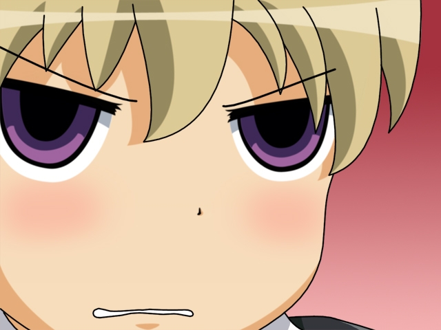 flandre (kaibutsu oujo), kaibutsu oujo, 1girl, android, blonde hair, empty eyes, female focus, gradient background, gununu (meme), maid, meme, parody, purple eyes, solo