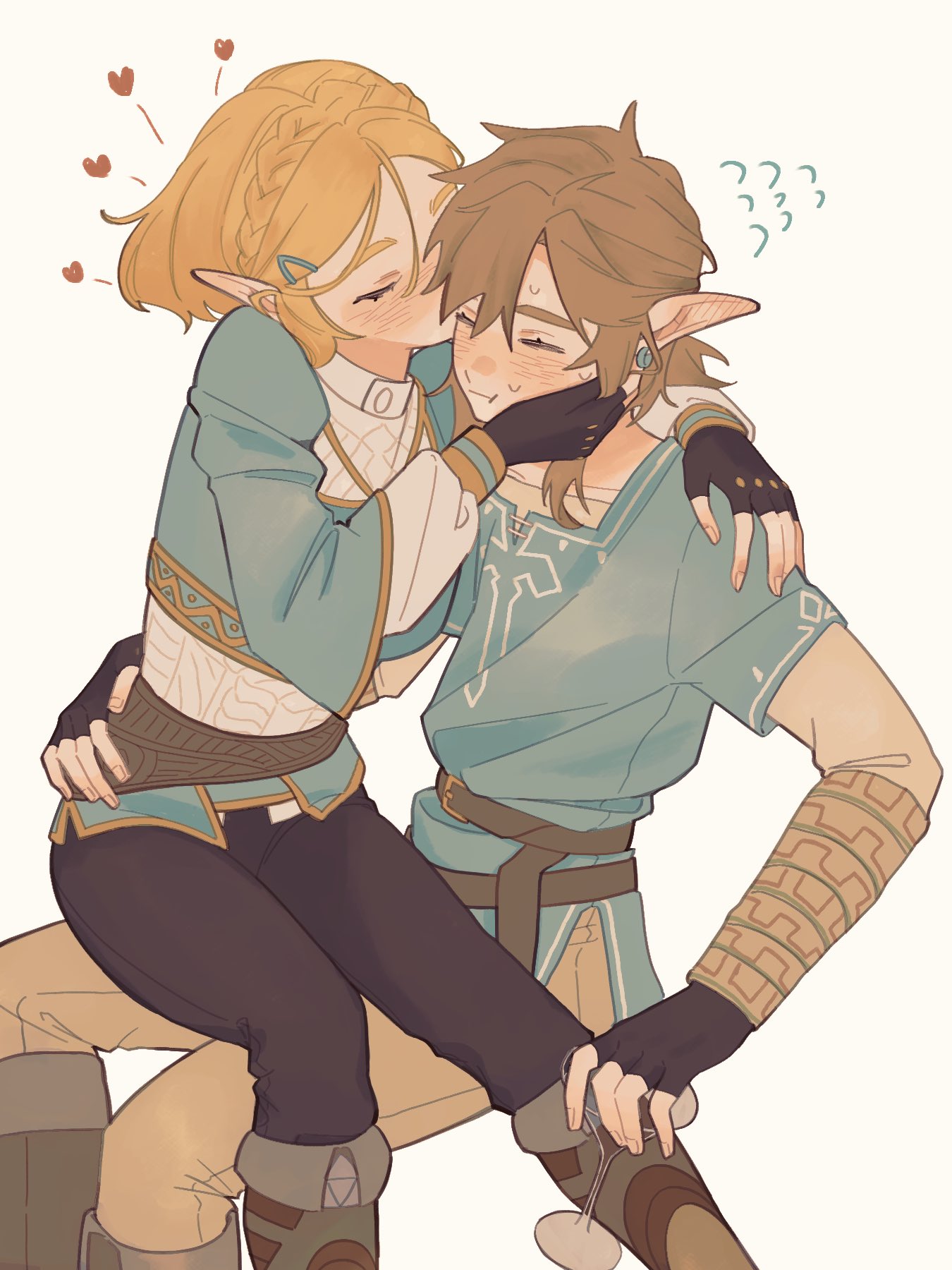 link, princess zelda, nintendo, the legend of zelda, the legend of zelda: tears of the kingdom, highres, 1boy, 1girl, 2yang, black pants, blonde hair, blue skirt, blush, brown hair, couple, hand on another's cheek, hand on another's face, hetero, kiss, kissing cheek, pants, short hair, sitting, sitting on lap, sitting on person, skirt