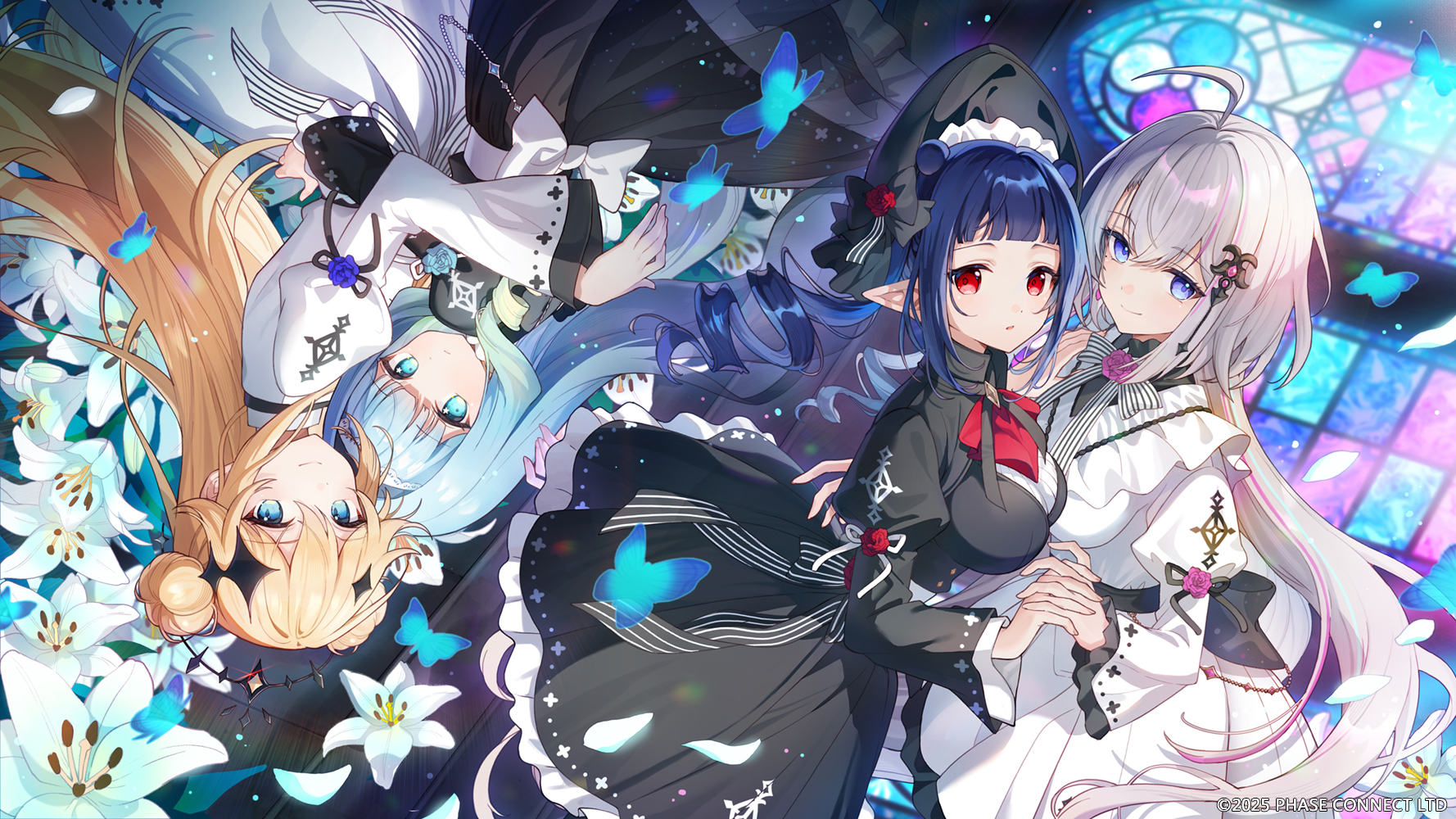 renian, dizzy dokuro, ember amane, jelly hoshiumi, kaneko lumi, phase connect, highres, 4girls, ahoge, black dress, blonde hair, blue eyes, blue hair, blunt bangs, bug, butterfly, copyright name, dress, flower, holding hands, hug, insect, long hair, looking at viewer, multicolored hair, multiple girls, parted lips, red eyes, smile, stained glass, standing, streaked hair, white dress, white hair