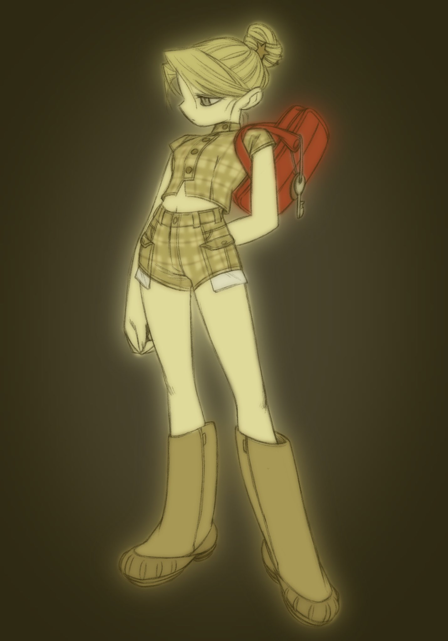 tcav97hj2o25991, original, highres, 1girl, backpack, bag, blonde hair, boots, crop top, glowing, hair bun, key, midriff, plaid clothes, plaid shirt, plaid shorts, shirt, shorts, single hair bun, solo, standing