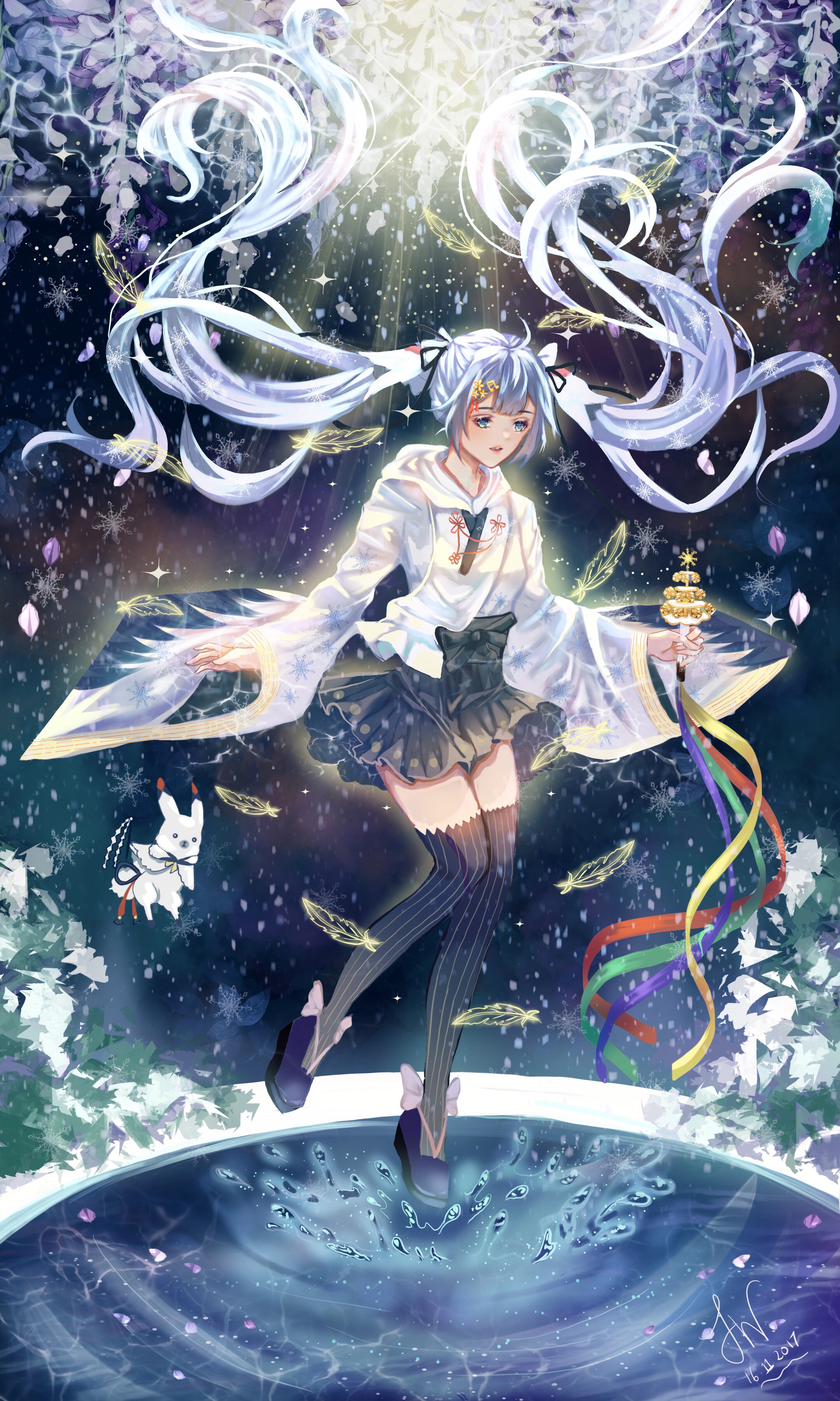 qinggzii, hatsune miku, rabbit yukine, yuki miku, yuki miku (2018), vocaloid, absurdres, highres, 1girl, ahoge, aqua eyes, aqua hair, bell, black skirt, black thighhighs, chihaya (clothing), fortissimo, full body, hair ornament, holding, holding bell, japanese clothes, jingle bell, kagura suzu, long hair, long sleeves, musical note, musical note hair ornament, musical staff, musical staff print, official alternate costume, official alternate hairstyle, open mouth, pleated skirt, rabbit, sandals, skirt, snowflake print, striped clothes, striped thighhighs, thighhighs, twintails, very long hair, wide sleeves