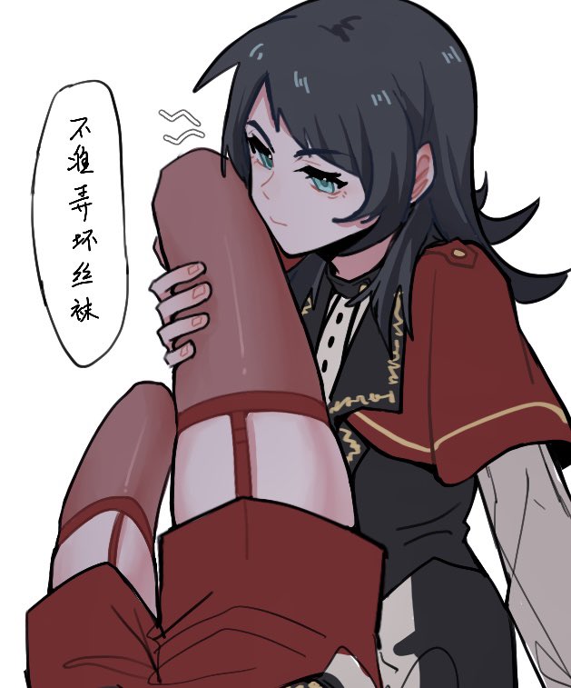 xiaowu0074, amoris (bang dream!), timoris (bang dream!), yahata umiri, yuutenji nyamu, bang dream!, bang dream! it's mygo!!!!!, chinese commentary, commentary request, translation request, 2girls, black hair, blue eyes, capelet, chinese text, closed mouth, garter straps, hand on another's thigh, medium hair, multiple girls, red capelet, red shorts, red thighhighs, shorts, thighhighs, yuri