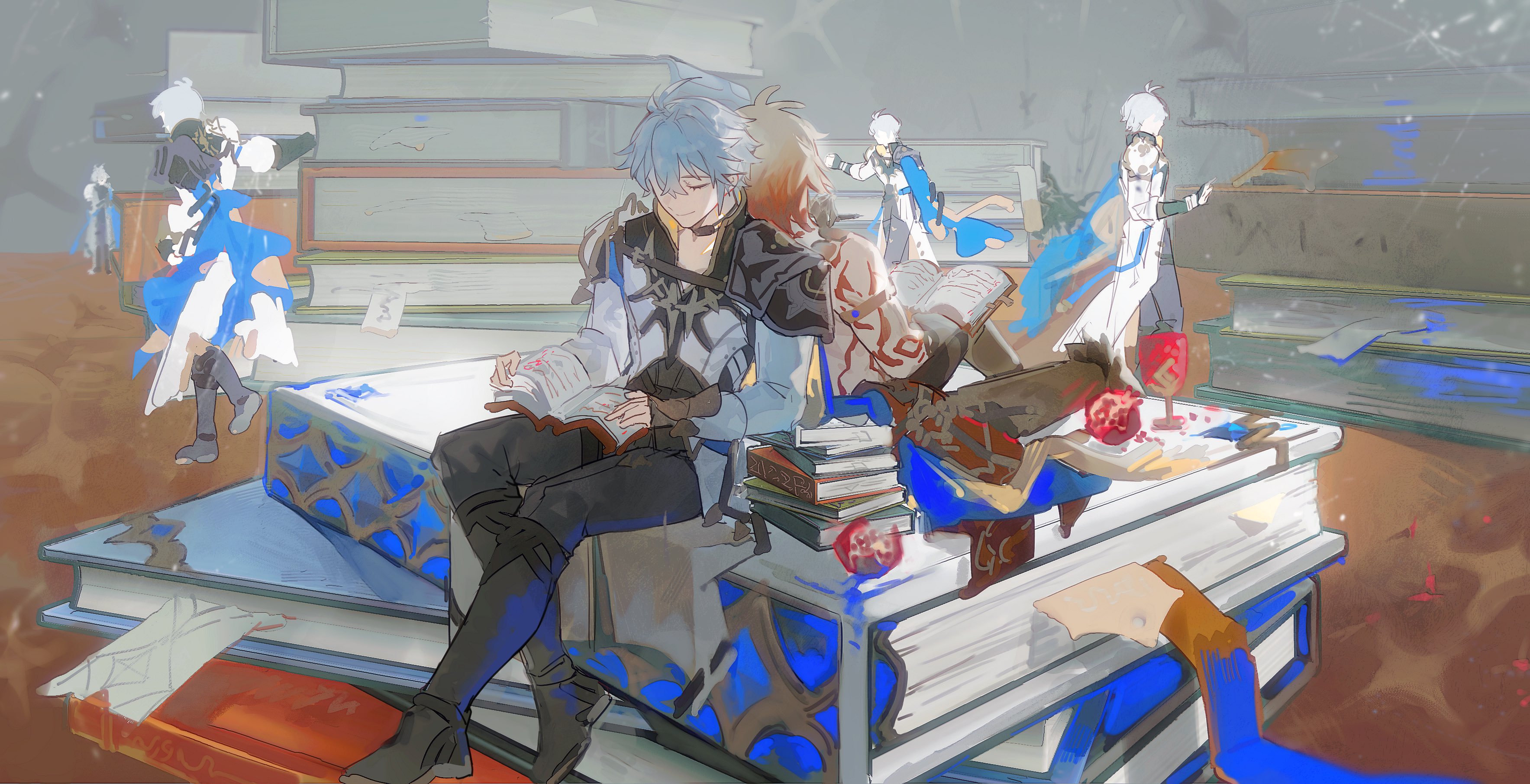 dichlorvos, mydei (honkai: star rail), phainon (honkai: star rail), honkai: star rail, honkai (series), absurdres, hashtag-only commentary, highres, 2boys, antenna hair, arm tattoo, armor, armored boots, back tattoo, black boots, black choker, black pants, black shirt, blonde hair, blue cape, book, boots, braid, cape, choker, closed eyes, coat, food, fruit, gradient hair, hair between eyes, holding, holding book, knee boots, male focus, medium hair, multicolored hair, multiple boys, pants, pauldrons, pomegranate, red hair, red tattoo, shirt, short hair, shoulder armor, side braid, single pauldron, tattoo, white coat, white hair