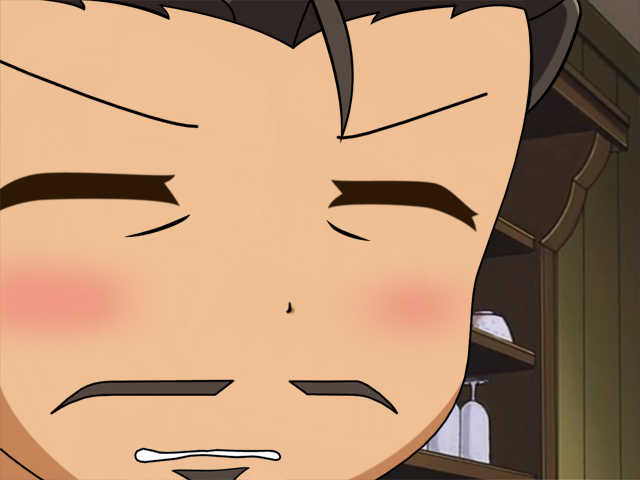 kaibutsu oujo, barista, brown hair, facial hair, gununu (meme), meme, mustache, parody