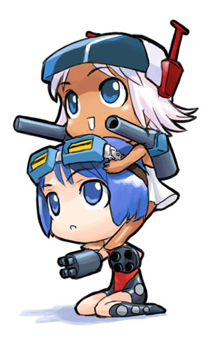 guntank, gundam, mobile suit gundam, silver hair, blue eyes, blue hair, chibi, mecha musume