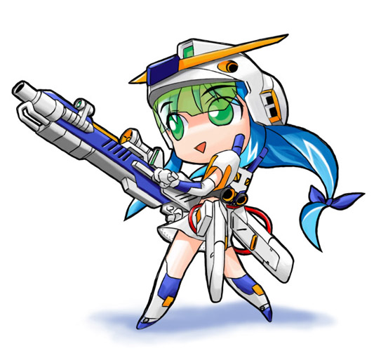 hirai yukio, gundam g04, gundam, gundam side story: from place beyond the blaze, beam rifle, blue hair, chibi, energy gun, green eyes, gun, helmet, long hair, mecha musume, solo, weapon