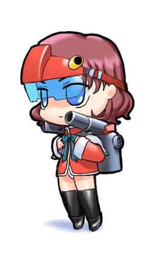 amano mishio, guncannon, gundam, kanon, mobile suit gundam, blue eyes, brown eyes, chibi, mecha musume, school uniform, serafuku, solo, thighhighs