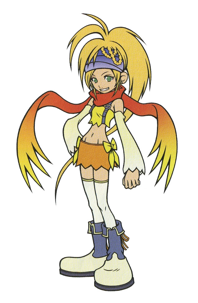 nomura tetsuya, rikku (ff10), final fantasy, final fantasy x, final fantasy x-2, kingdom hearts, kingdom hearts ii, official art, 00s, 1girl, @ @, female focus, scarf, simple background, solo, thighhighs