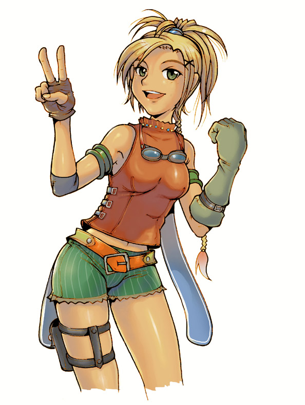 rikku (ff10), final fantasy, final fantasy x, 00s, 1girl, al bhed, bare shoulders, breasts, female focus, glasses, gloves, goggles, hair ornament, hairclip, ponytail, shorts, sleeveless, sleeveless turtleneck, solo, thigh strap, turtleneck, v, x hair ornament