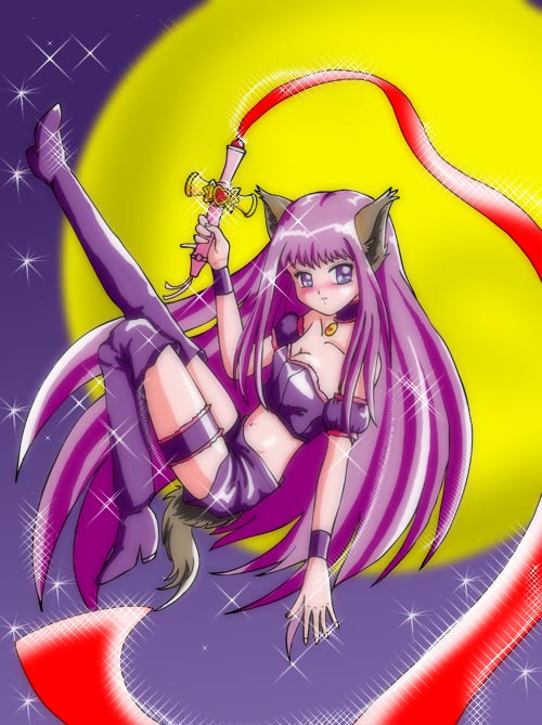 fujiwara zakuro, mew zakuro, tokyo mew mew, 00s, 1girl, animal ears, arm garter, bandeau, bare shoulders, boots, breasts, choker, cleavage, cross, female focus, frilled thigh strap, full moon, jewelry, leg up, long hair, magical girl, midriff, moon, pendant, purple eyes, purple hair, ribbon, shorts, solo, sparkle, strapless, tail, thigh boots, thigh strap, thighhighs, tube top, very long hair, weapon, wolf ears, wolf tail, wristband