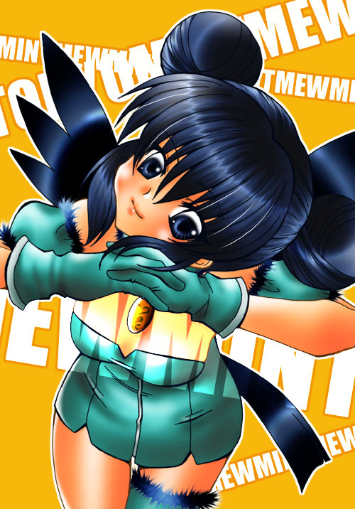 aizawa mint, mew mint, tokyo mew mew, 00s, 1girl, arm garter, bare shoulders, bird tail, bird wings, blue eyes, blue hair, character name, choker, copyright name, double bun, female focus, frilled thigh strap, gloves, hair bun, head tilt, interlocked fingers, jewelry, leotard, magical girl, matching hair/eyes, orange background, own hands together, pendant, smile, solo, tail, thigh strap, wings, yellow background