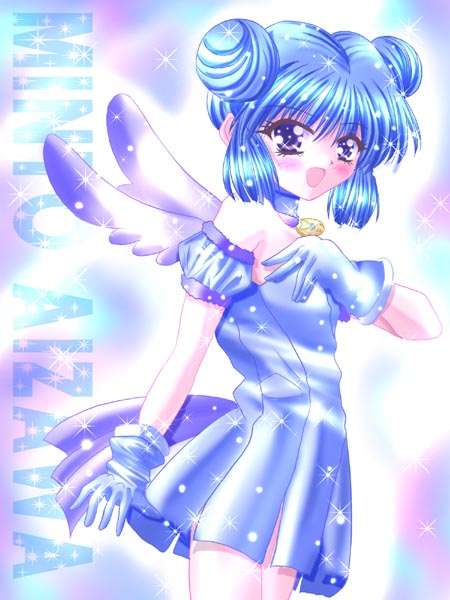 aizawa mint, mew mint, tokyo mew mew, 00s, 1girl, :d, arm garter, bare shoulders, bird tail, bird wings, blue eyes, blue gloves, blue hair, blush, character name, choker, double bun, female focus, gloves, hair bun, jewelry, leotard, magical girl, matching hair/eyes, open mouth, pendant, smile, solo, sparkle, tail, wings