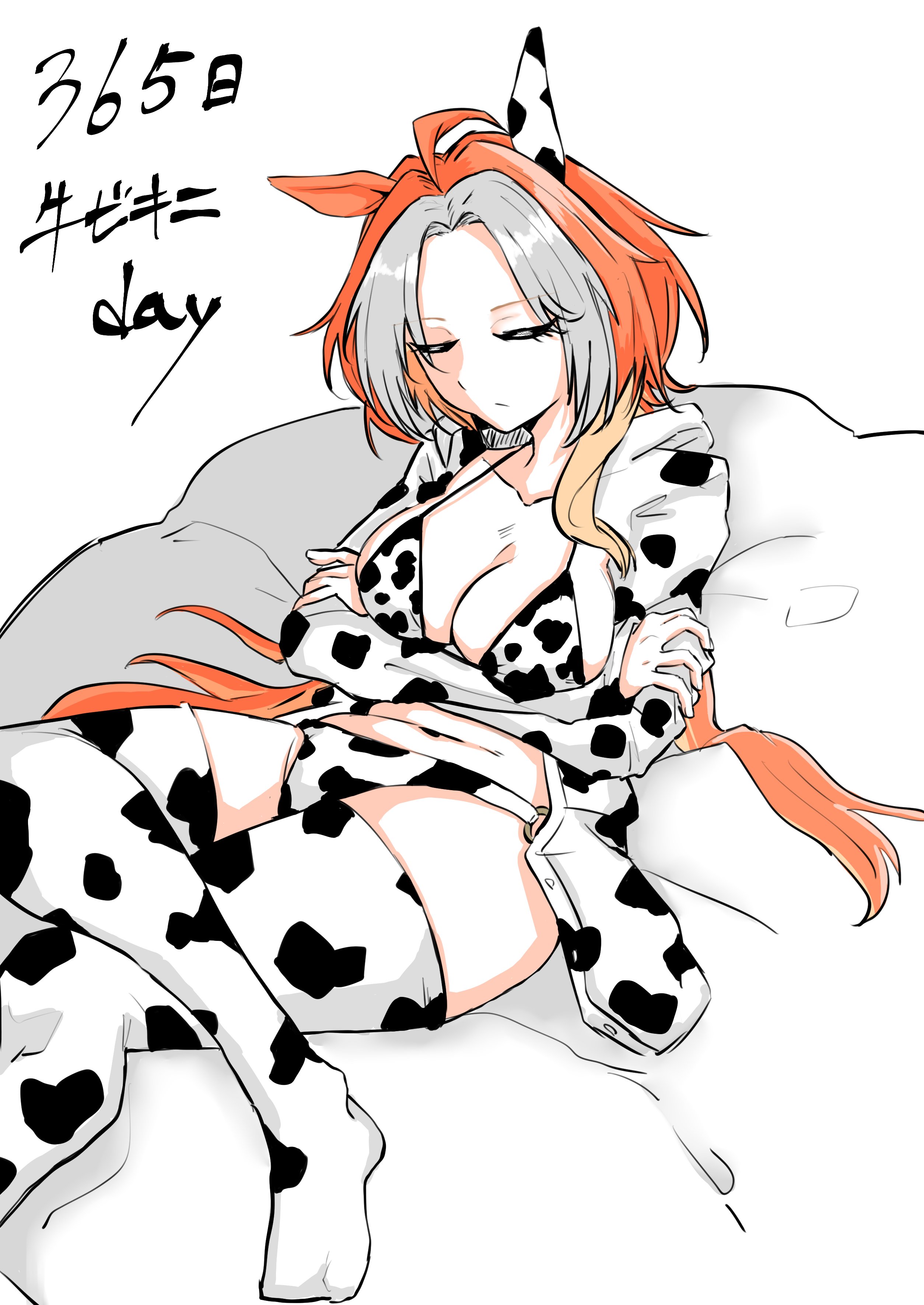 tikusen1216, orfevre (umamusume), umamusume, absurdres, highres, animal ears, animal print, bikini, breasts, cleavage, closed eyes, cow print, cow print bikini, cow print thighhighs, ear covers, horse ears, horse girl, multicolored hair, print bikini, print thighhighs, single ear cover, swimsuit, thighhighs
