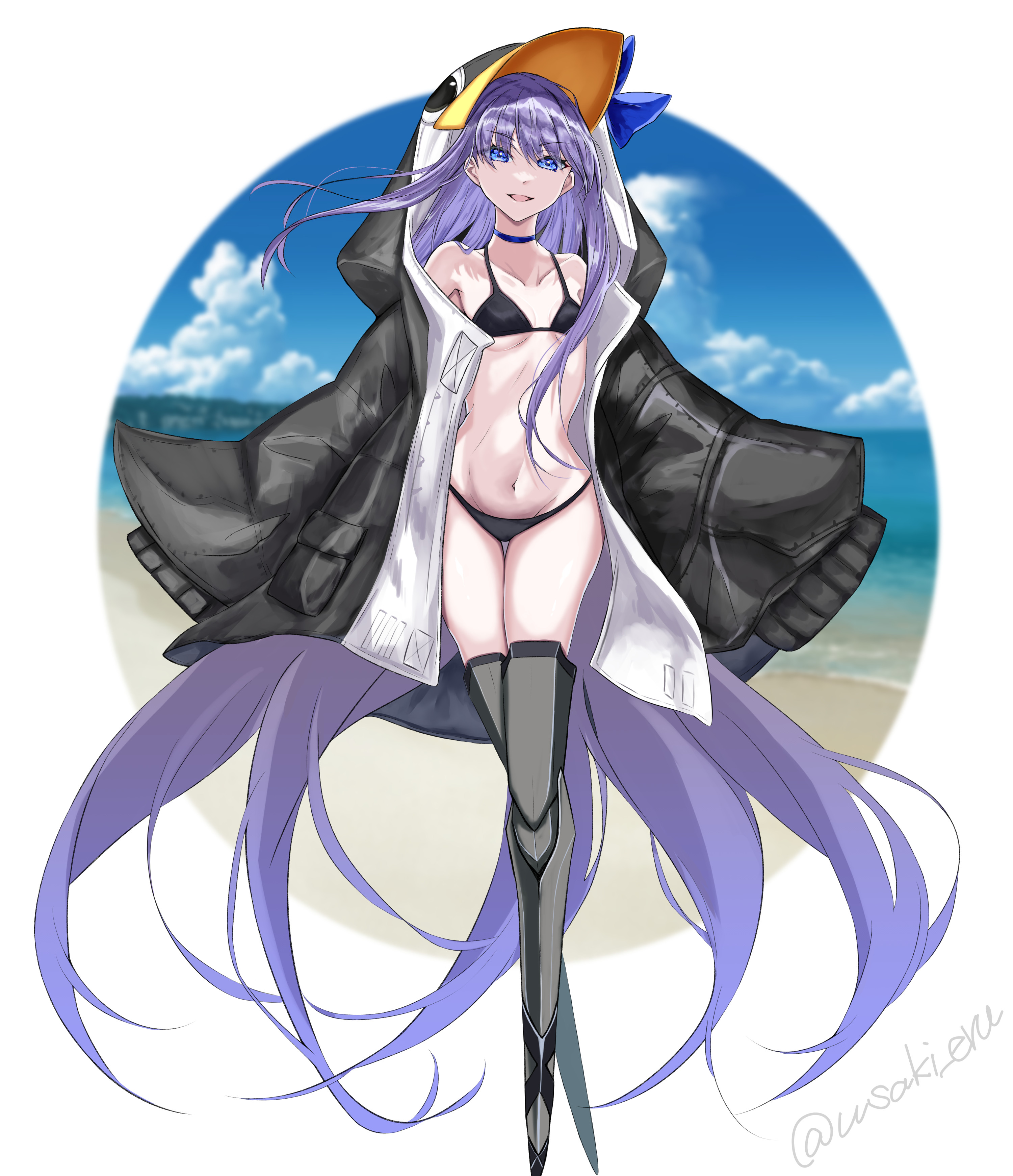 meltryllis, meltryllis (fate), meltryllis (swimsuit lancer) (fate), meltryllis (swimsuit lancer) (first ascension) (fate), fate/grand order, fate (series), absurdres, commentary request, highres, 1girl, animal costume, animal hood, beach, bikini, black bikini, black jacket, blue bow, blue choker, blue eyes, blue sky, bow, breasts, choker, cloud, collarbone, duffel jacket, eldest, facing viewer, hood, hood up, jacket, long hair, long sleeves, looking at viewer, midriff, navel, ocean, open clothes, open jacket, outside border, penguin costume, penguin hood, prosthesis, prosthetic leg, purple hair, sky, sleeves past fingers, sleeves past wrists, smile, solo, standing, swimsuit, thighs, very long hair, wide sleeves
