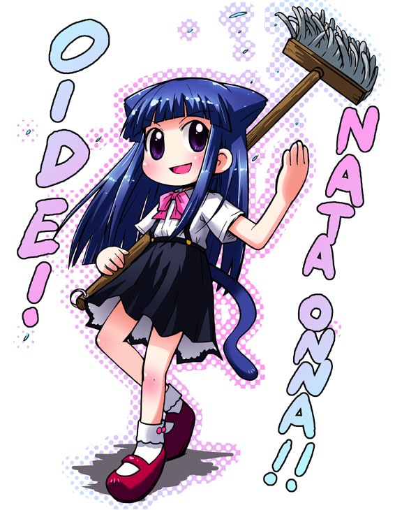 furude rika, higurashi no naku koro ni, 00s, 1girl, animal ears, blue hair, bow, bowtie, cat ears, cat girl, cat tail, child, female focus, long hair, mop, pleated skirt, purple eyes, red shoes, shirt, shoes, skirt, solo, suspenders, tail, white shirt