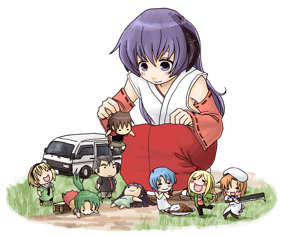 abekawa, chie rumiko, furude rika, hanyuu, houjou satoko, maebara keiichi, ooishi kuraudo, ryuuguu rena, sonozaki mion, takano miyo, higurashi no naku koro ni, 00s, 2boys, 6+girls, blonde hair, chibi, curry, everyone, food, giant, giantess, green hair, hakama, hakama skirt, japanese clothes, multiple boys, multiple girls, pantyhose, red hakama, skirt, take it home