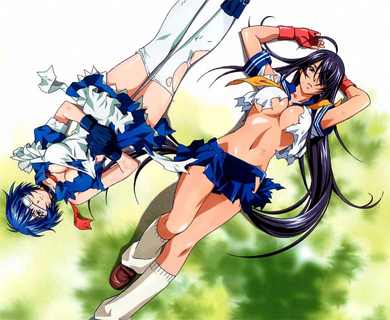 kan'u unchou, ryomou shimei, ikkitousen, scan, 00s, 2girls, breasts, multiple girls, thighhighs, torn clothes