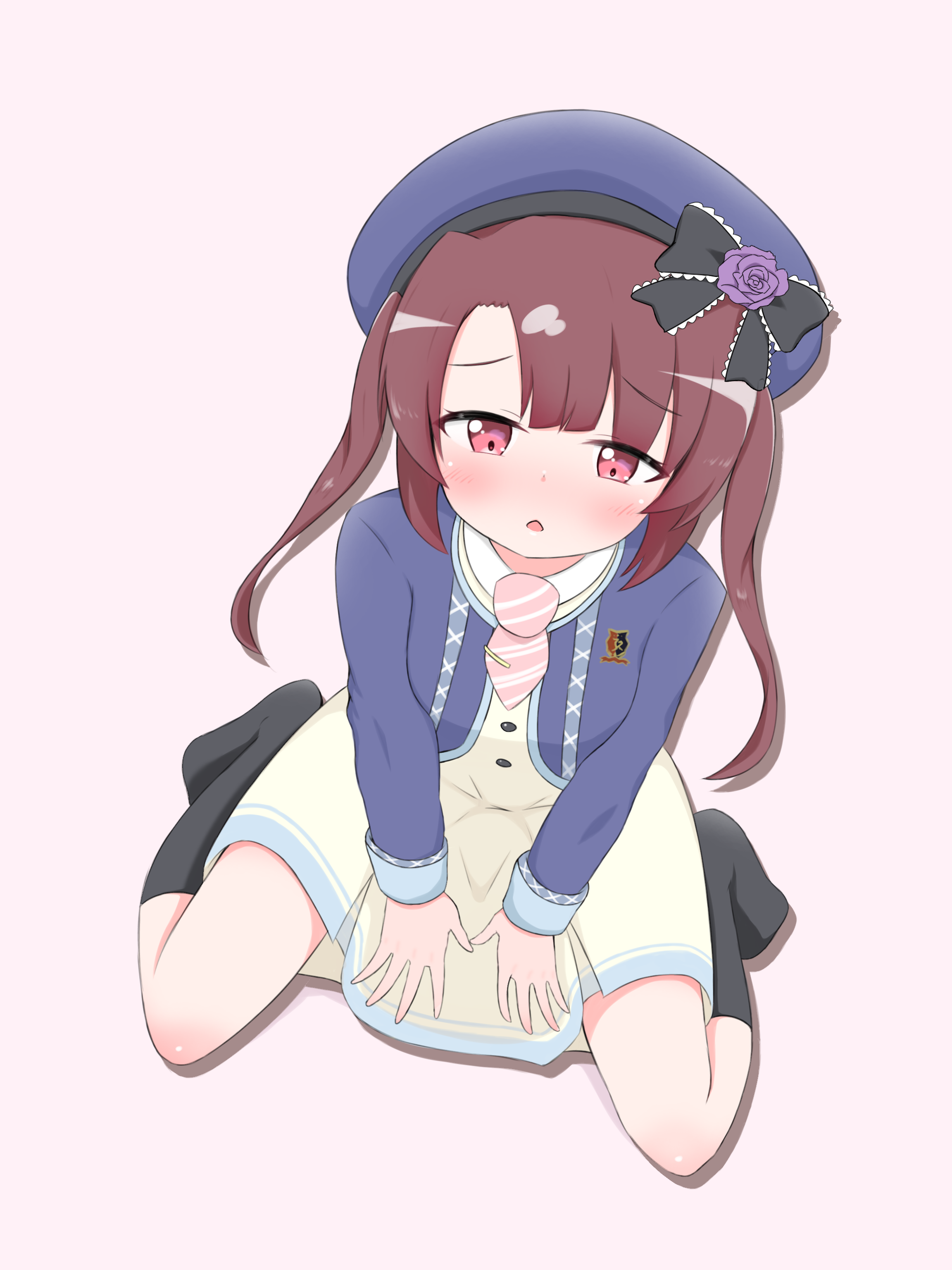 hirune shitai4, shinonome tsumugi, ongeki, absurdres, highres, 1girl, blush, bow, brown hair, full body, hat, heart, kneehighs, long hair, long sleeves, looking at viewer, pinstripe pattern, red eyes, sitting, skirt, socks, solo, striped background, striped clothes, striped skirt, twintails, vertical-striped clothes, vertical-striped skirt, wariza