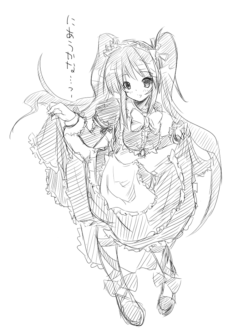 kooh (pangya), pangya, 1girl, female focus, full body, greyscale, maid, monochrome, simple background, sketch, solo