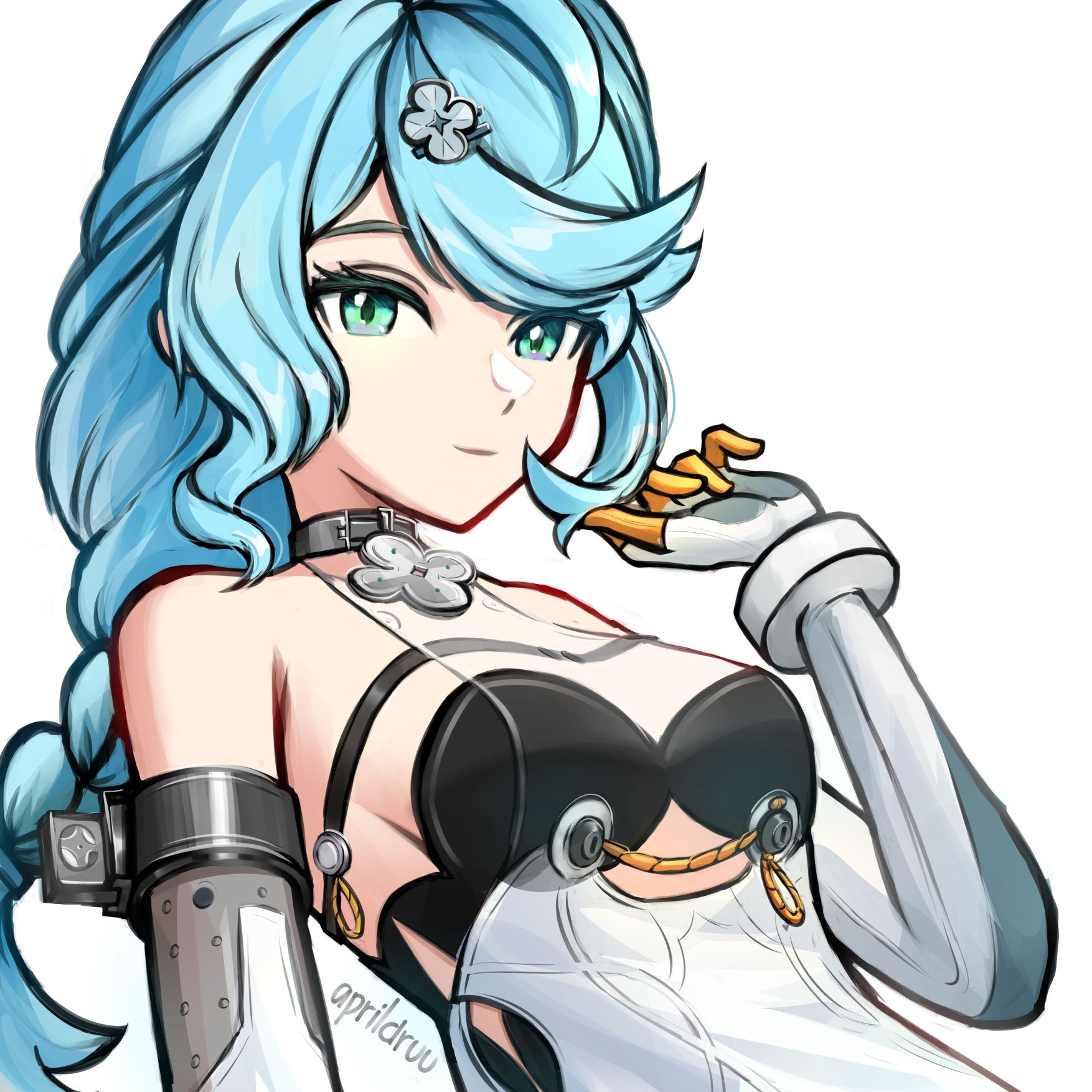 andrewaprilio, seed (zenless zone zero), zenless zone zero, commentary, highres, 1girl, aqua eyes, bare shoulders, blue hair, braid, breasts, gloves, hair ornament, hand up, long hair, looking at viewer, simple background, sleeveless, small breasts, smile, solo, upper body, white background