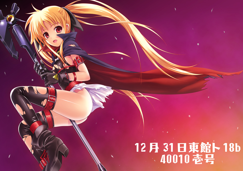 40010prototype, bardiche (assault form) (nanoha), bardiche (nanoha), fate testarossa, fate testarossa (original form), lyrical nanoha, mahou shoujo lyrical nanoha, 00s, 1girl, blonde hair, cape, female focus, long hair, no panties, red eyes, skirt, solo, thighhighs, torn clothes, twintails