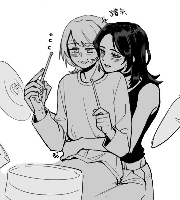 xiaowu0074, real life, chinese commentary, commentary request, 2girls, :3, blush, drum, drum set, drumsticks, greyscale, holding, holding drumsticks, instrument, long sleeves, medium hair, mole, mole above mouth, monochrome, multiple girls, open mouth, sasaki rico (voice actor), shirt, sweatdrop, tank top, voice actor, yonezawa akane, yuri