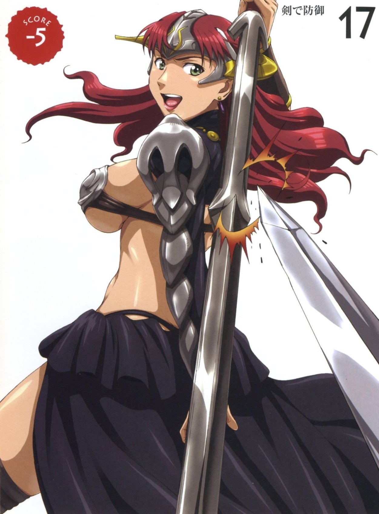 hisayuki hirokazu, nigou, claudette (queen's blade), claudette lord of thundercloud, queen's blade, highres, 00s, armor, bikini armor, breasts, green eyes, helmet, large breasts, open mouth, red hair, solo, sword, weapon