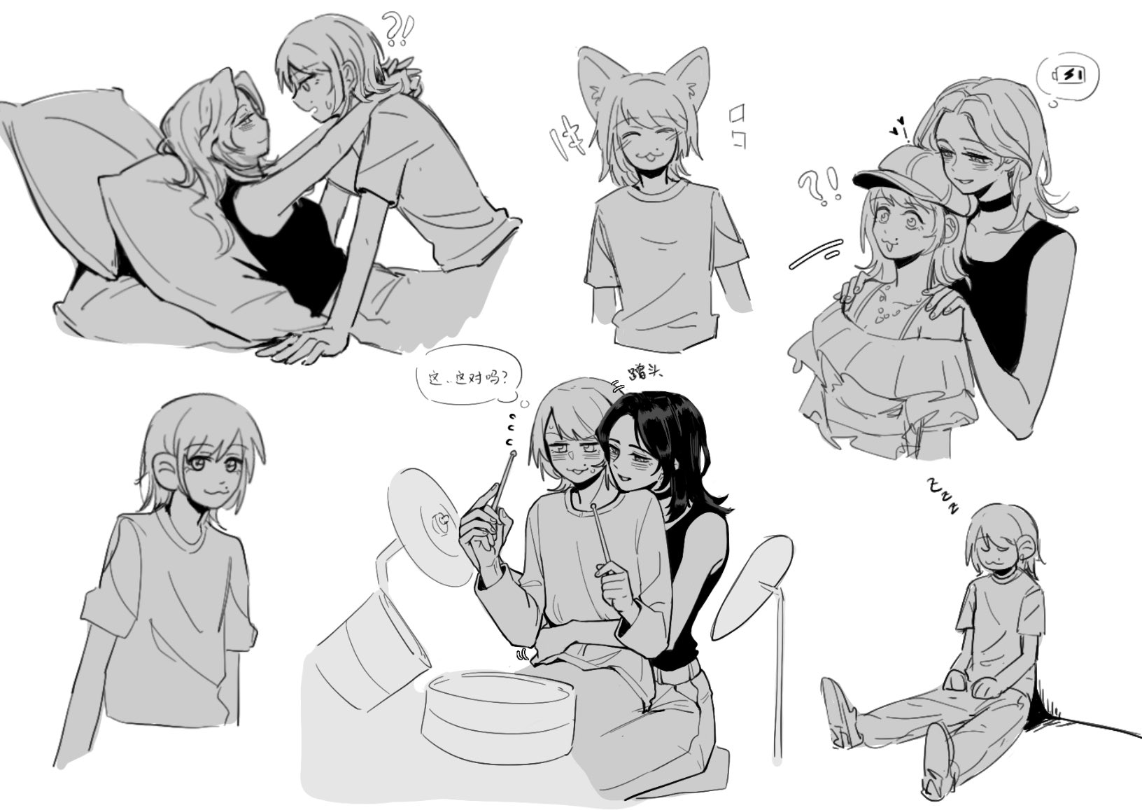 xiaowu0074, real life, chinese commentary, commentary request, highres, translation request, 2girls, :3, blush, chinese text, choker, closed eyes, drum, drum set, drumsticks, greyscale, hands on another's shoulders, hat, heart, holding, holding drumsticks, hug, instrument, kemonomimi mode, long sleeves, medium hair, mole, mole above mouth, monochrome, multiple girls, off-shoulder shirt, off shoulder, open mouth, sasaki rico (voice actor), shirt, short hair, short sleeves, simple background, sleeping, sweatdrop, tank top, voice actor, voice actor connection, white background, yonezawa akane, yuri